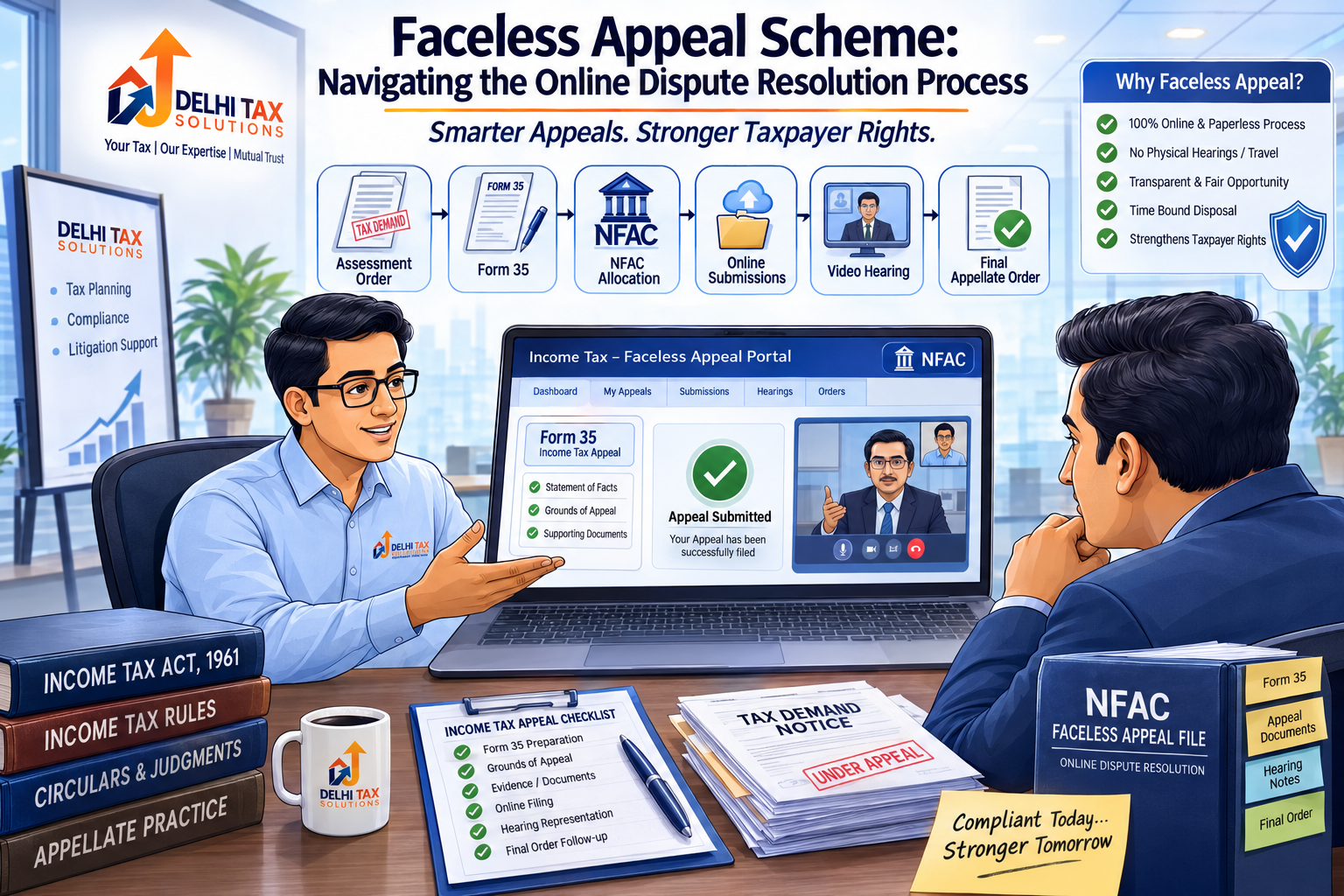Indian tax advisor explaining the Faceless Appeal Scheme, Form 35, NFAC online appeal process and video hearing to a taxpayer