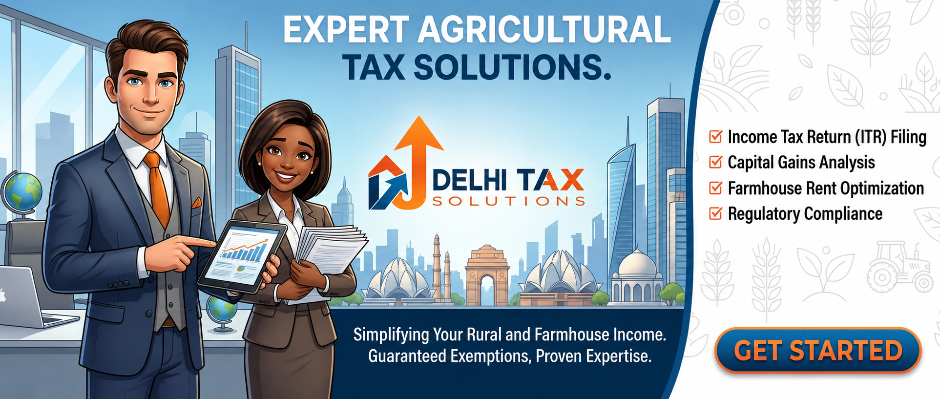 Delhi Tax Solutions banner highlighting expert agricultural tax services, including Income Tax Return (ITR) filing, capital gains analysis, farmhouse rent optimization, and regulatory compliance for farmers and agricultural businesses.