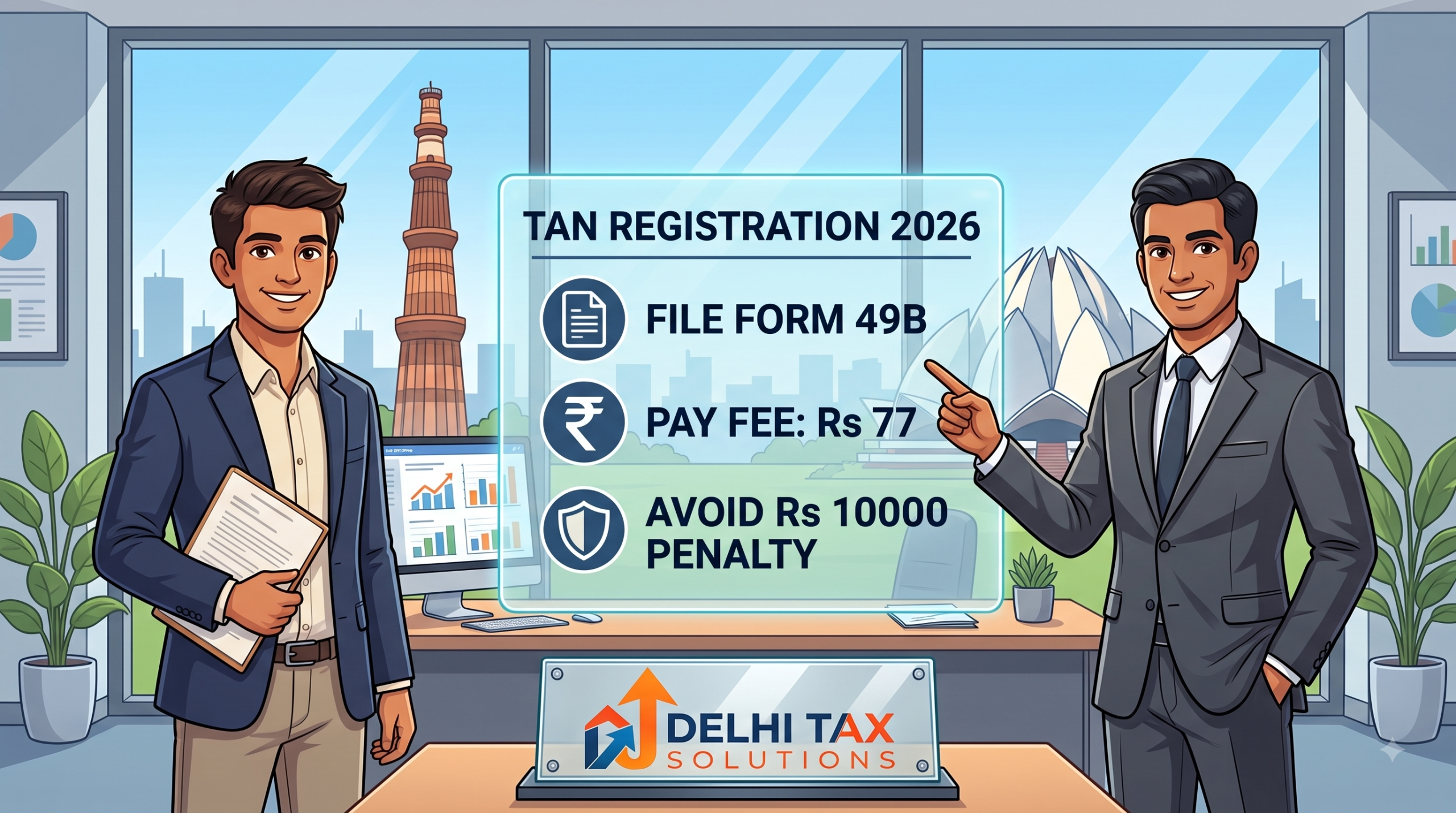 A cartoon illustration of an Indian startup founder and a tax advisor reviewing the TAN registration online process on a transparent digital checklist, highlighting Form 49B and the Rs 77 fee, with the Delhi Tax Solutions logo on the desk.