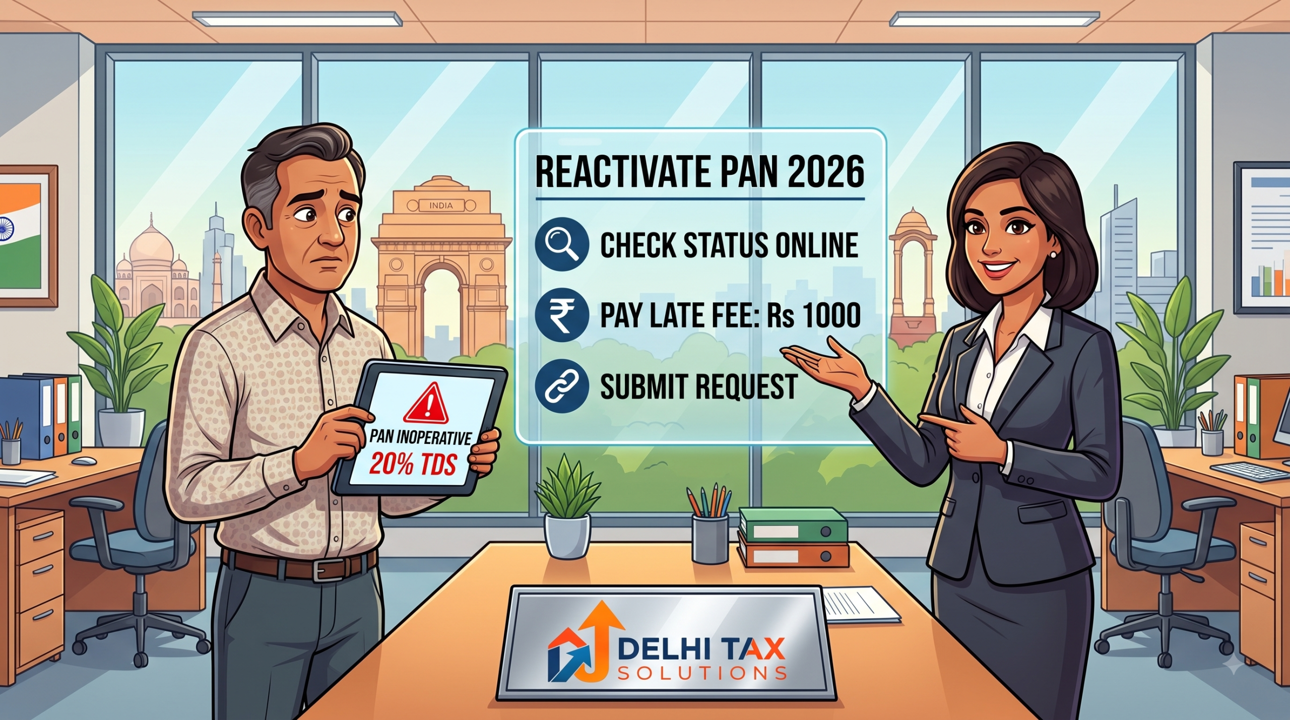 A cartoon illustration of a worried businessman looking at an inoperative PAN warning, while a cheerful tax advisor points to a digital checklist showing steps to pay the Rs 1000 fee and reactivate the PAN card, featuring the Delhi Tax Solutions logo.