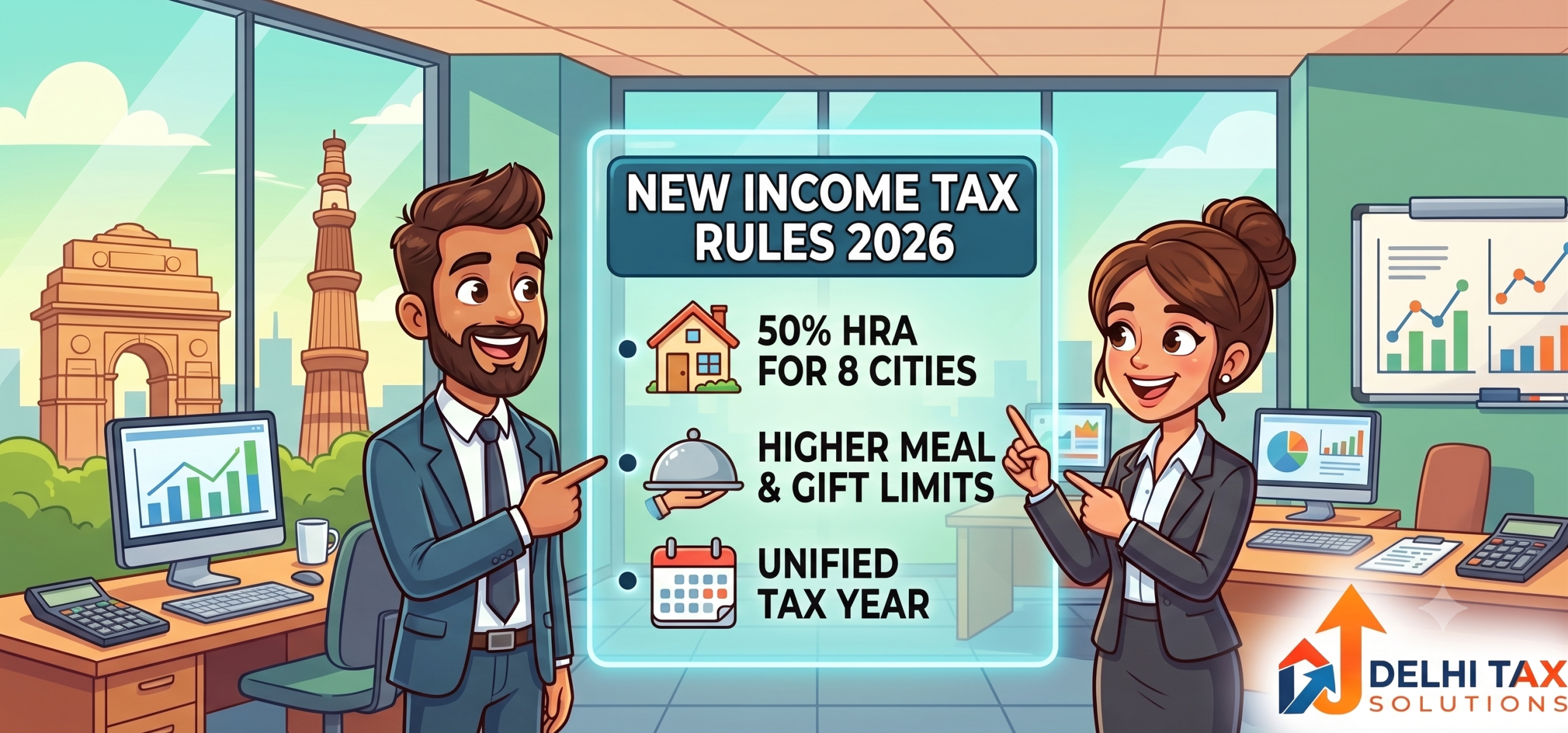 A friendly cartoon illustration of a modern New Delhi accounting office featuring two cheerful professionals. They are presenting a digital display showing key updates from the new Income-tax Rules 2026, including higher HRA exemptions for 8 cities, increased limits for meal vouchers, and the shift to a unified Tax Year. The Delhi Tax Solutions logo is positioned in the bottom corner.