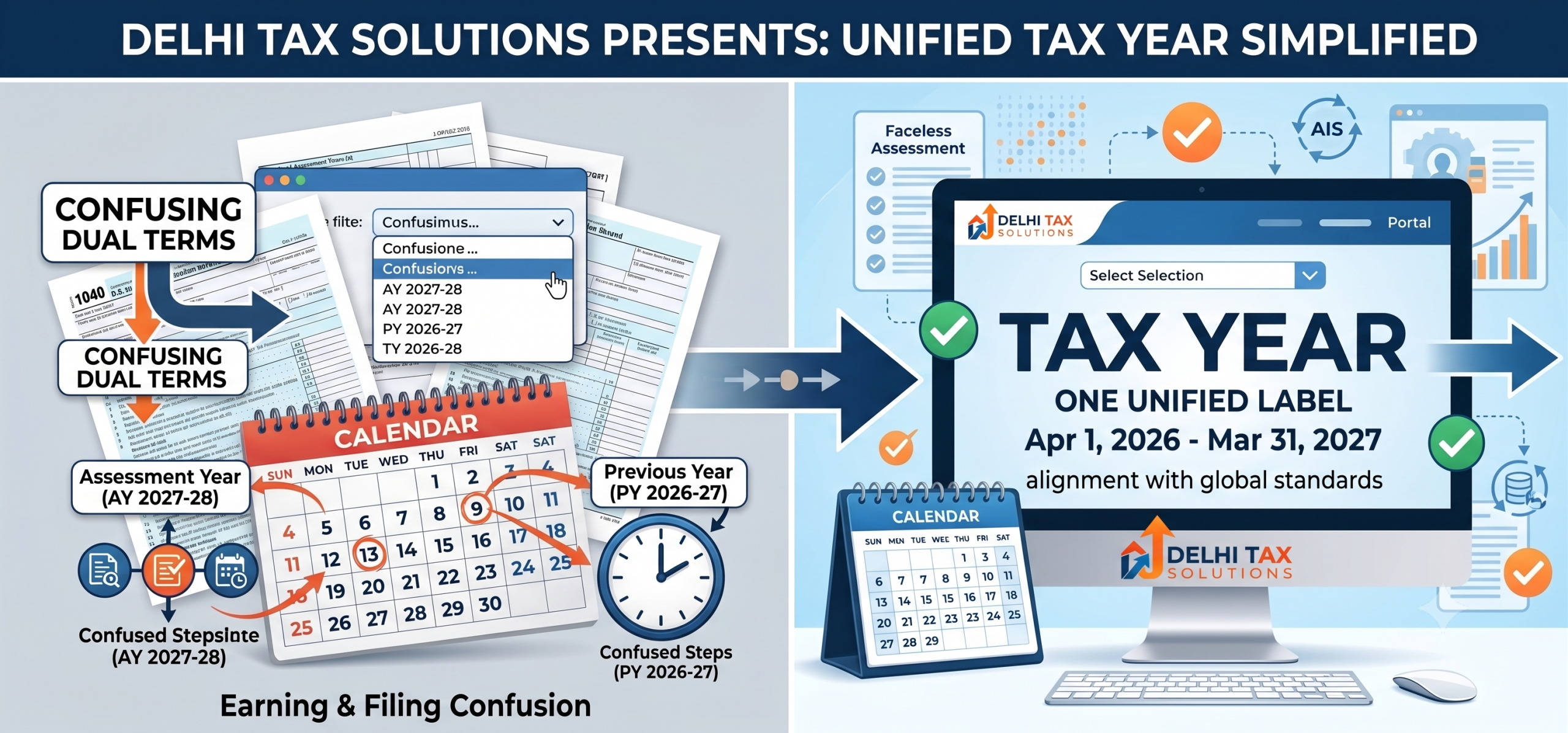 A professional vector infographic titled "Delhi Tax Solutions Presents: Unified Tax Year Simplified," illustrating the transition from a complex tax system to a simple one. The left side, under "Confusing Dual Terms" and "Earning & Filing Confusion," displays cluttered paperwork, a confusing dropdown menu, a chaotic calendar with arrows linking "Assessment Year (AY 2027-28)" and "Previous Year (PY 2026-27)," messy gears, and icons for confusing steps. A large grey arrow points to the right. The right side, labeled "UNIFIED TAX YEAR SIMPLIFIED," features a clean computer monitor with the "Delhi Tax Solutions" logo. The monitor screen shows large, bold text reading "TAX YEAR" and "ONE UNIFIED LABEL," with a specific date range of "Apr 1, 2026 - Mar 31, 2027," and "alignment with global standards." There are icons for "Faceless Assessment" and "AIS," a clean digital calendar, and neat checkmarks, symbolizing order and efficiency. The infographic has a consistent branding with blues and orange.