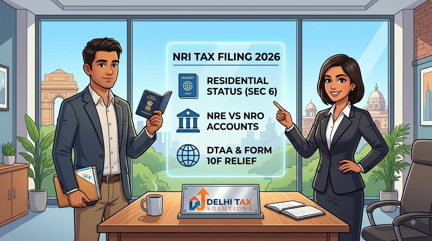 A cartoon illustration of an Indian tax advisor and an NRI client in a modern Delhi office, reviewing a digital checklist on NRI tax return filing, DTAA relief, and NRE/NRO accounts, featuring the Delhi Tax Solutions logo.