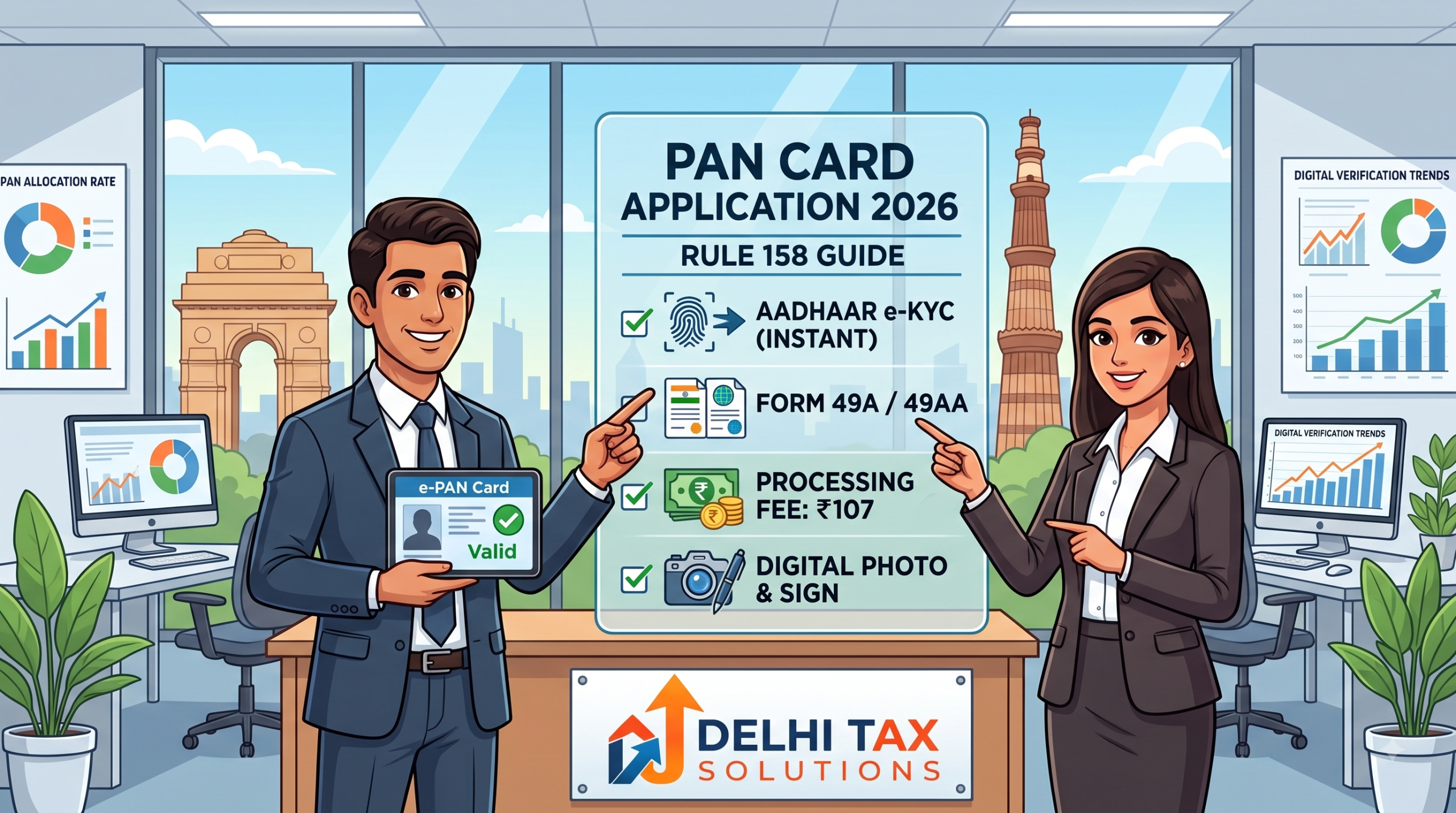 A cartoon illustration of two tax advisors in a modern Delhi office, explaining the 2026 PAN card application process under Rule 158, featuring an informative checklist and the Delhi Tax Solutions logo.