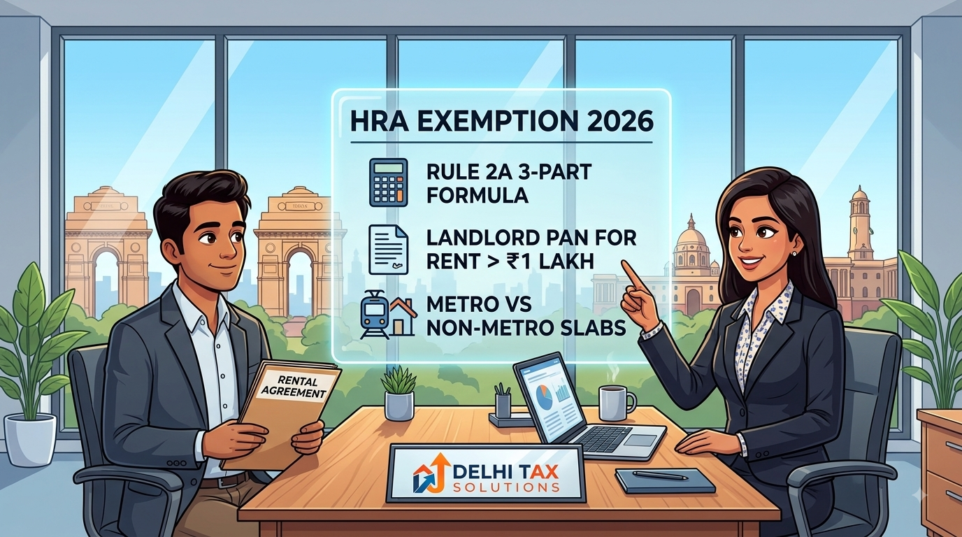 A cartoon illustration of a salaried employee and a tax advisor in a modern Delhi office reviewing an HRA exemption calculation checklist under Rule 2A, featuring the Delhi Tax Solutions logo.