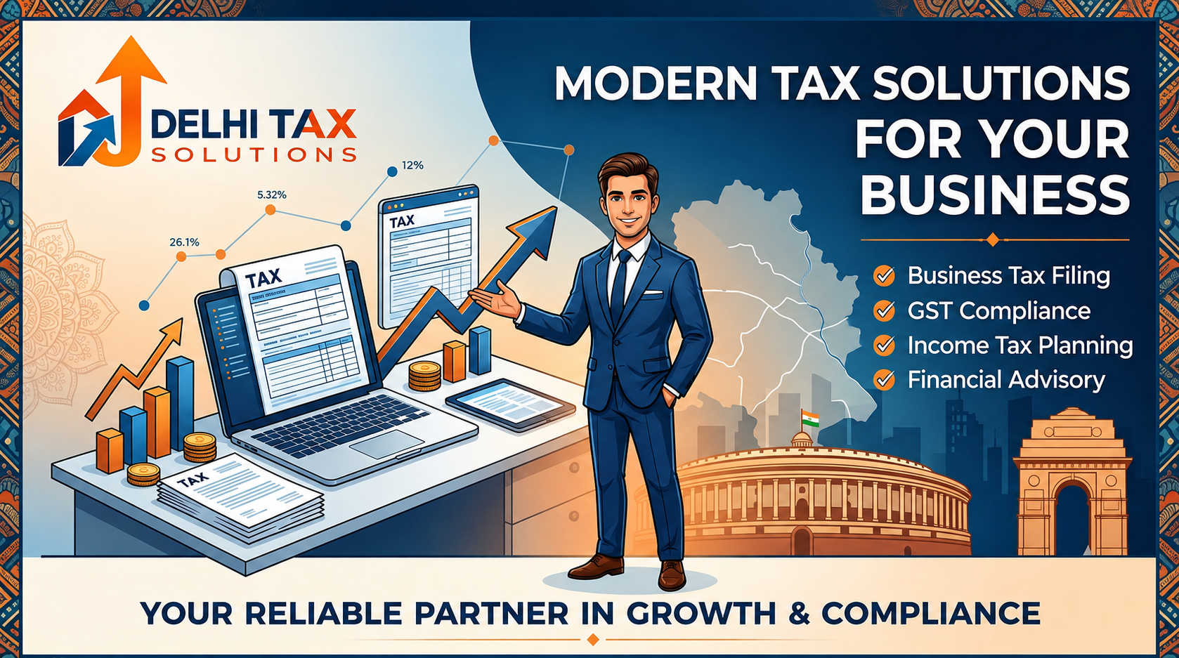 Delhi Tax Solutions banner showing corporate tax filing, GST compliance, and income tax planning services with skyline