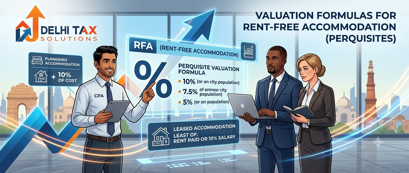 Delhi Tax Solutions guide showing perquisite valuation formulas for employer provided rent free accommodation, furniture additions, and tax rules