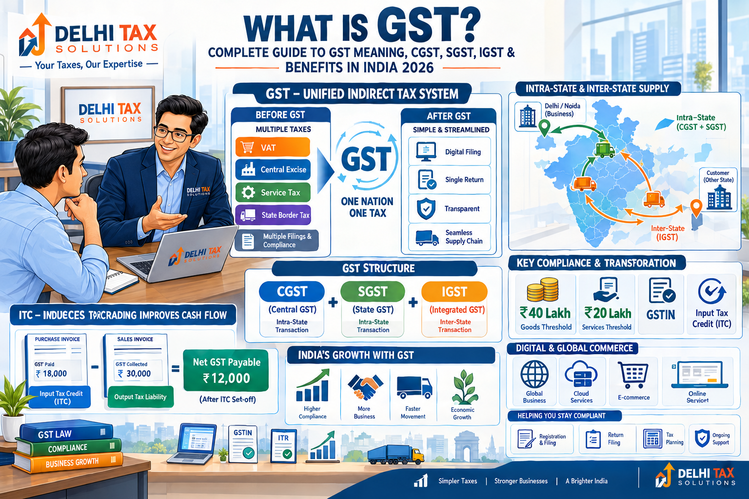 Indian Chartered Accountant explaining GST meaning, CGST, SGST, IGST, ₹40 lakh and ₹20 lakh registration thresholds, and Input Tax Credit