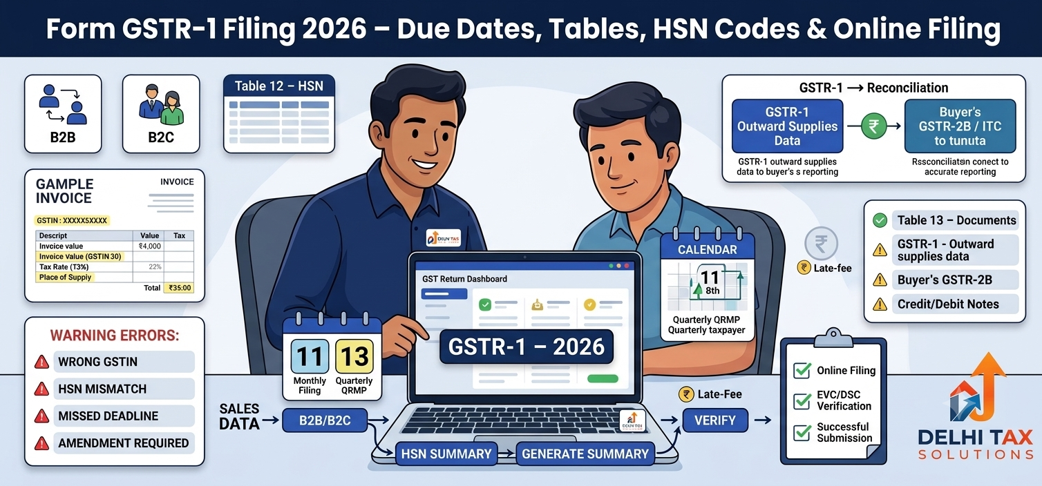 Indian Chartered Accountant explaining GSTR-1 filing in 2026, monthly and quarterly due dates, B2B and B2C sales, HSN Table 12 and online GST return filing