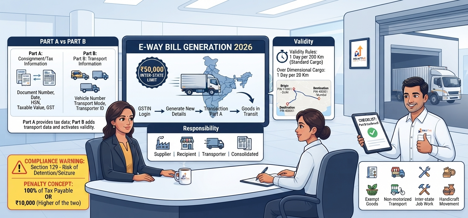 Indian Chartered Accountant explaining the 2026 e-way bill generation process, ₹50,000 limit, Part A and Part B, EBN and validity rules