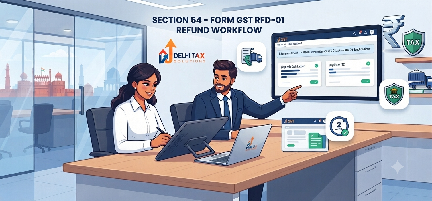 Indian corporate cartoon illustration of a tax consultant explaining Section 54 GST refund filing and Form RFD-01 stages.