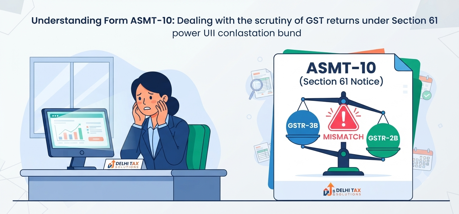 2D flat illustration of a tax professional reviewing an ASMT-10 GST notice under Section 61 for scrutiny of returns and data mismatch.