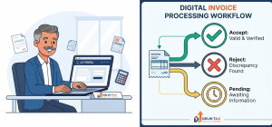 2D flat vector infographic explaining the Invoice Management System (IMS) GST workflow and ITC claiming actions.
