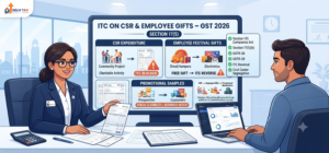 Indian Chartered Accountant explaining ITC on CSR expenditure and employee gifts under GST, Section 17(5), blocked Input Tax Credit, free samples and GSTR-3B reversal