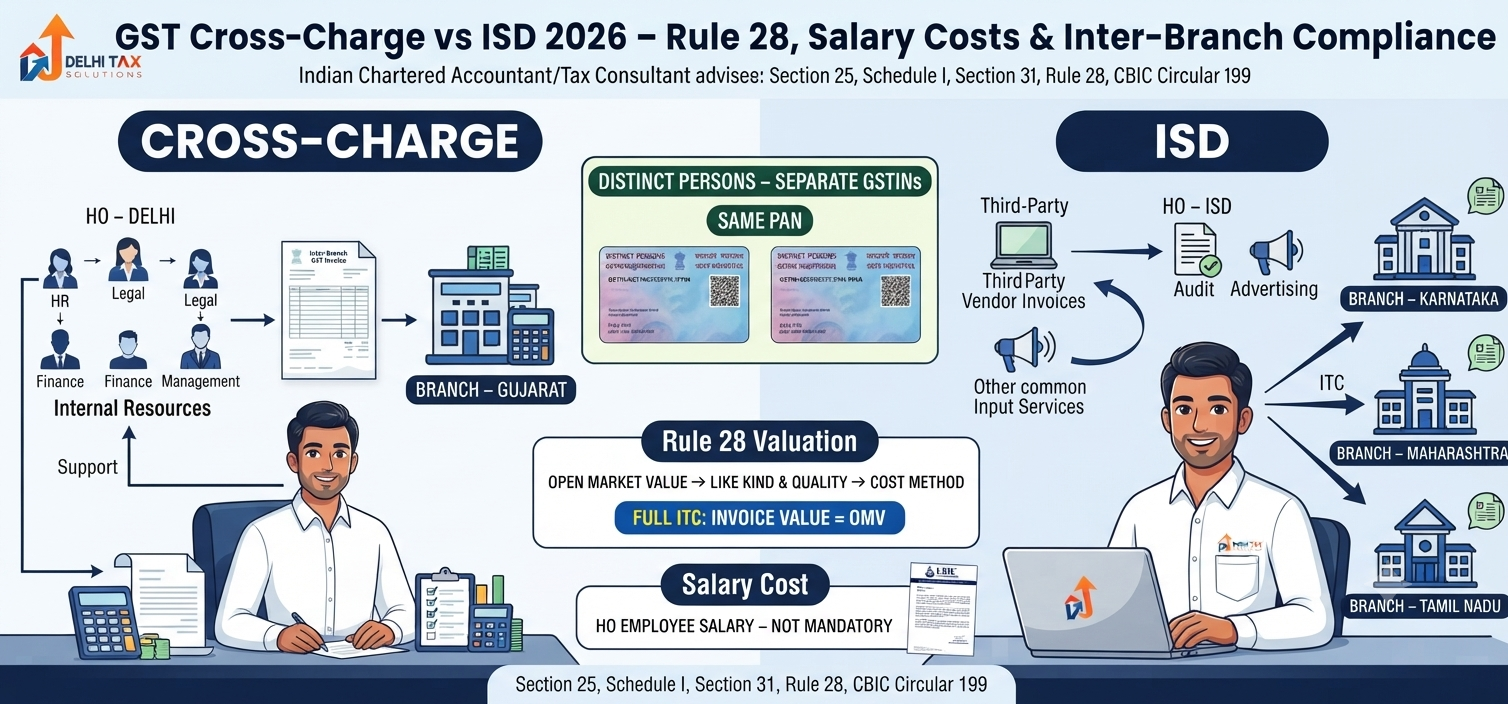 Indian Chartered Accountant explaining GST cross-charge vs ISD, distinct persons, Rule 28 valuation, head office salary costs and inter-branch GST compliance