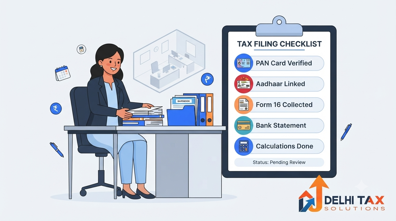2D flat vector infographic illustration of an Indian taxpayer reviewing an ITR filing checklist with PAN, Aadhaar, Form 16, and bank statements.
