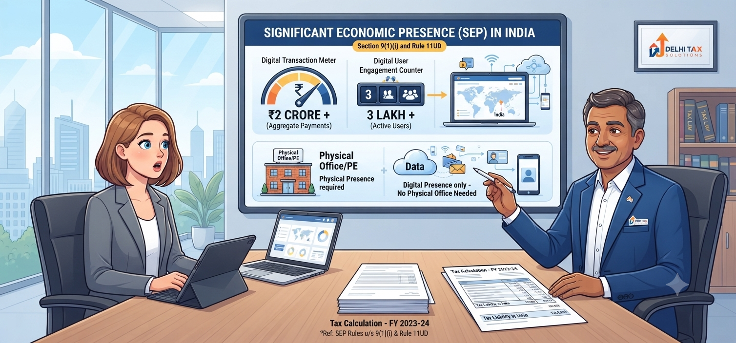 Indian Chartered Accountant explaining Significant Economic Presence tax rules, ₹2 crore transaction threshold, 3 lakh user threshold, and Section 9(1)(i) to a foreign digital business