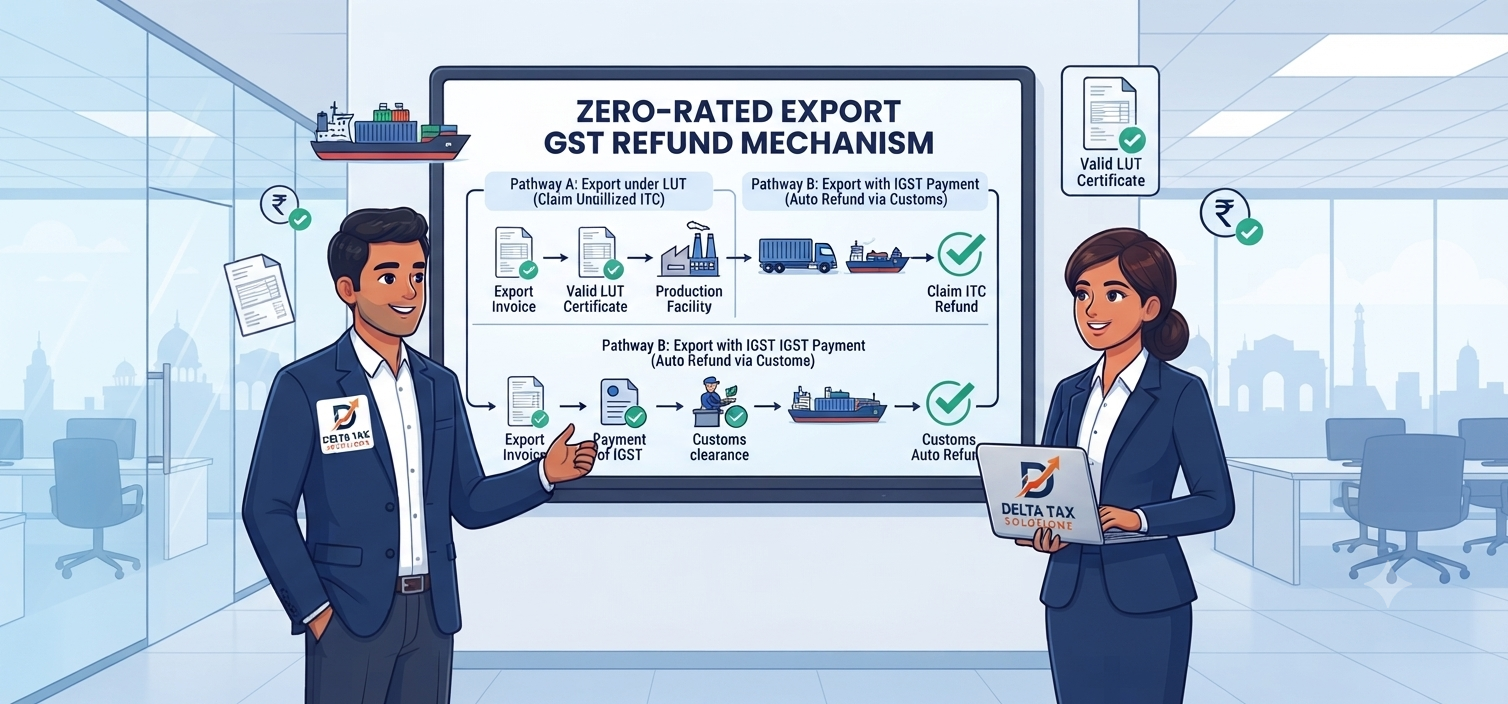 Corporate cartoon illustration explaining zero-rated GST refund on exports under LUT and IGST payment options.