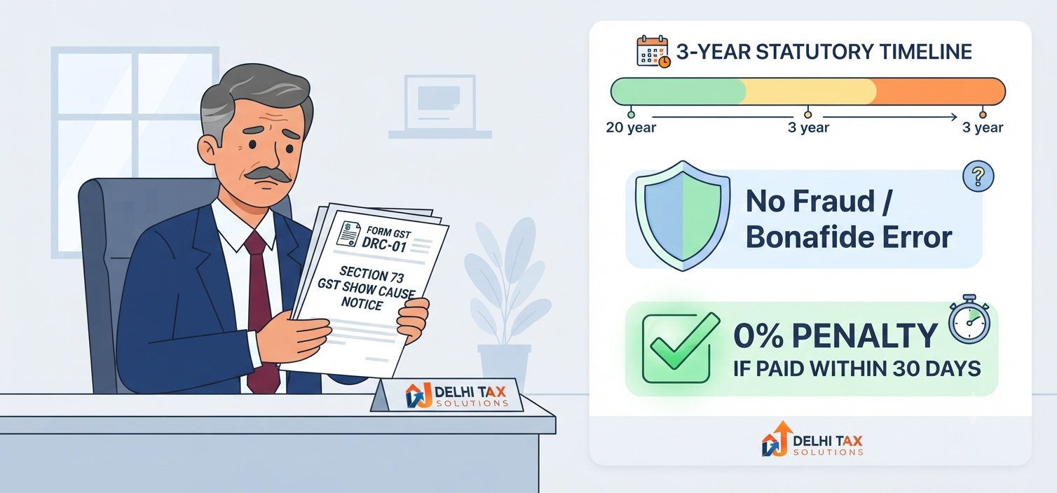 2D flat vector illustration of a taxpayer reading a Section 73 GST notice alongside an infographic on non-fraud tax demand time limits.