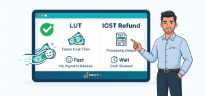2D cartoon infographic of a tax consultant explaining supply to SEZ under GST rules