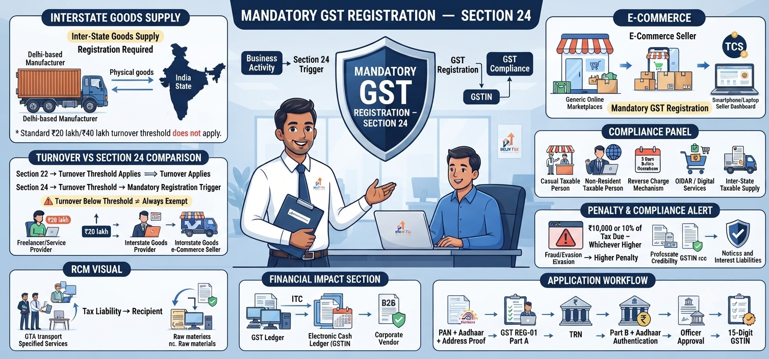 Indian Chartered Accountant explaining mandatory GST registration under Section 24 for interstate goods, e-commerce sellers, reverse charge, casual taxable persons and non-resident businesses
