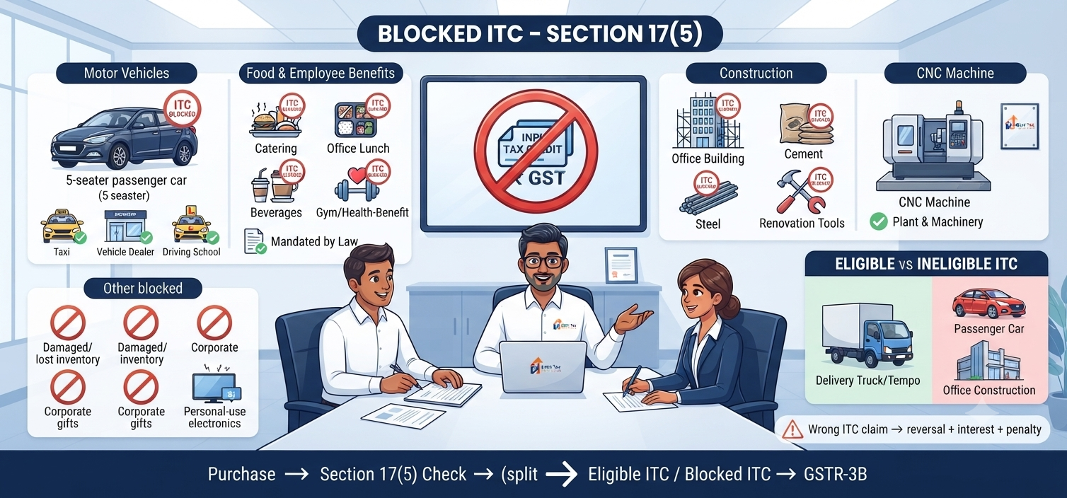 Indian Chartered Accountant explaining blocked ITC under Section 17(5), including motor vehicles, employee food, construction costs, free gifts and other ineligible GST credits