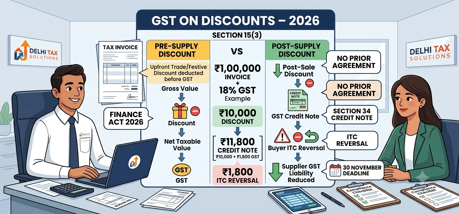 Indian Chartered Accountant explaining GST on discounts under Section 15(3), Finance Act 2026 changes, post-sale credit notes and buyer ITC reversal