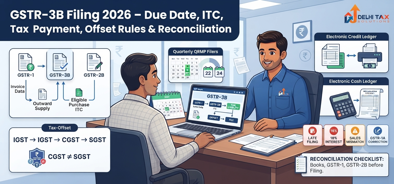 Indian Chartered Accountant explaining GSTR-3B filing, due dates, GSTR-1 sales data, GSTR-2B ITC, GST tax payment, offset rules and reconciliation