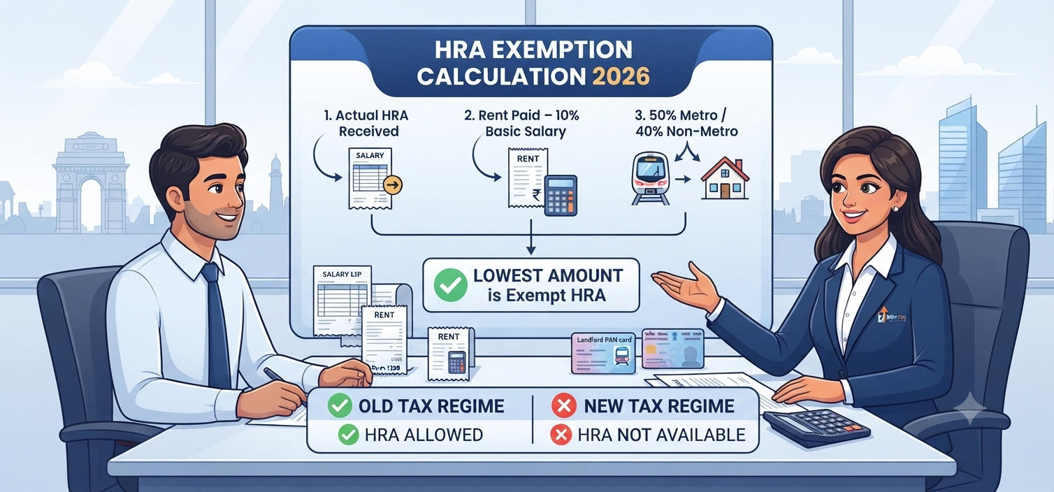 Professional illustration explaining HRA exemption calculation under Section 10(13A), including rent receipts, landlord PAN, Form 12BB, and old vs new tax regime rules.