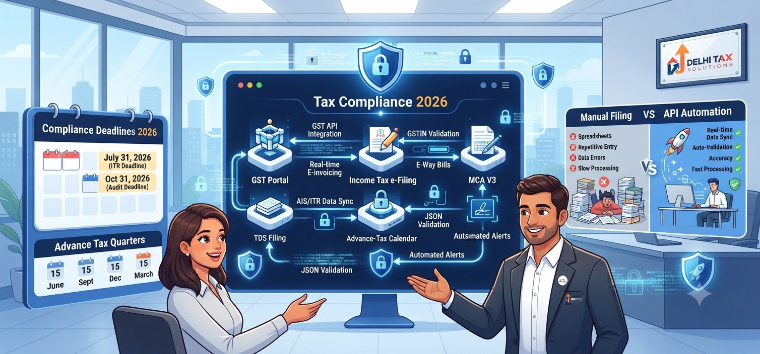 Indian Chartered Accountant explaining tax compliance timelines and API integration for 2026 to a business owner