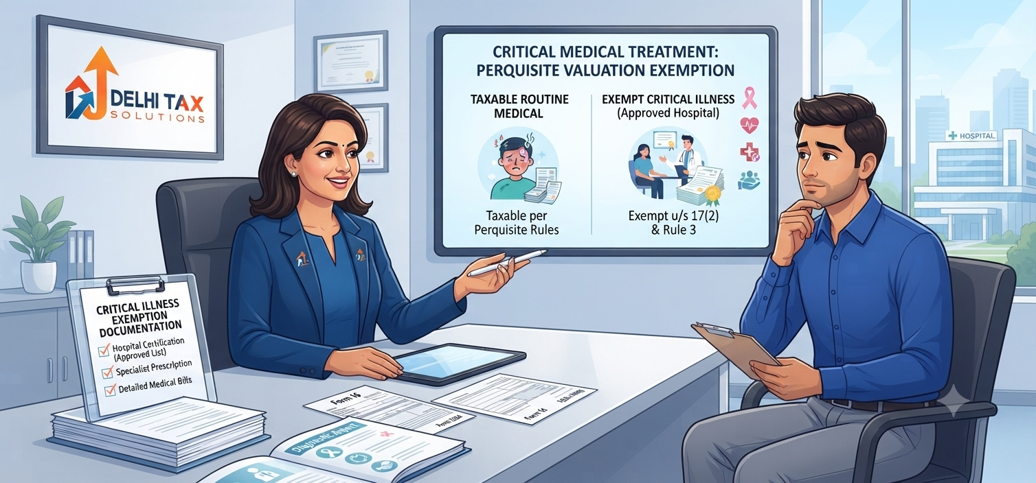 Indian Chartered Accountant explaining tax exemption for employer-funded critical medical treatment under Section 17(2) and Rule 3