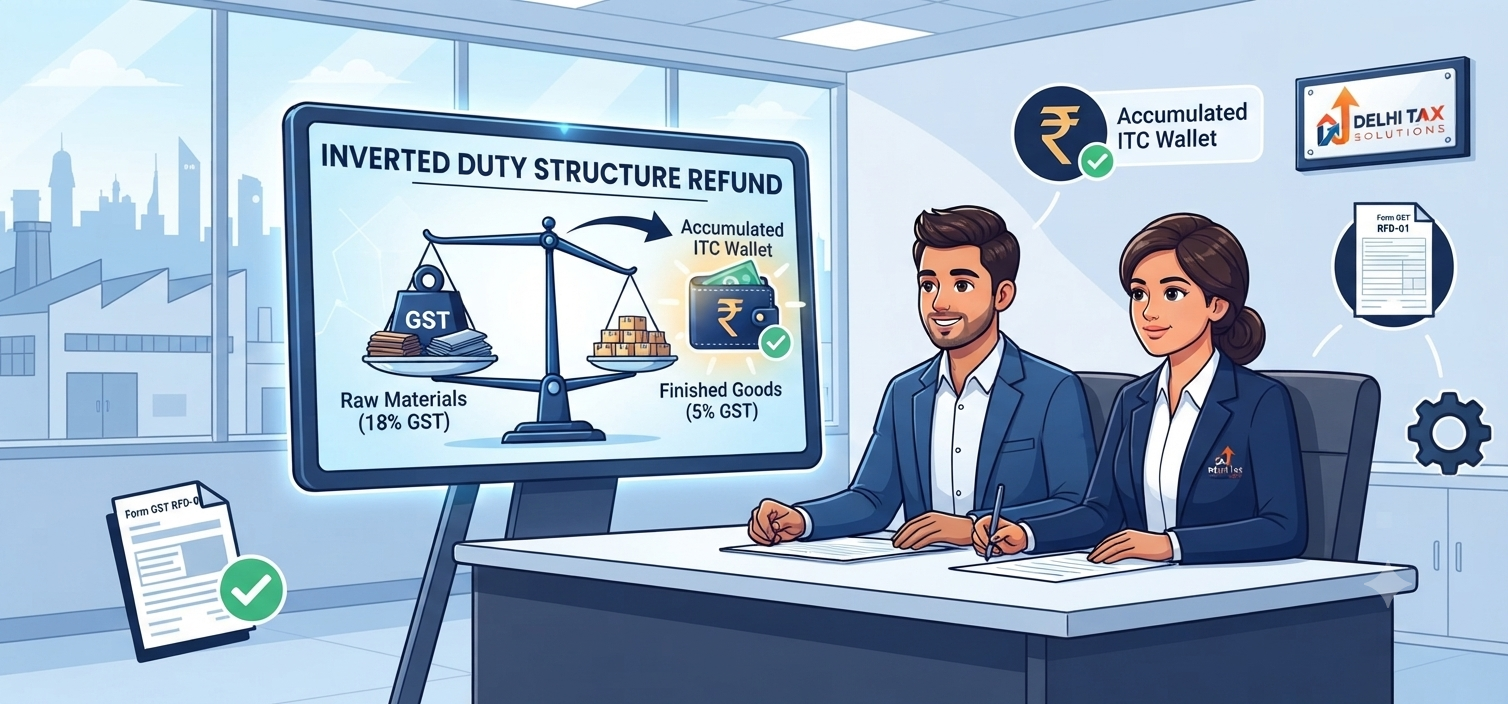 Corporate cartoon illustration of inverted duty structure refund process in GST comparing 18% input tax vs 5% output tax.