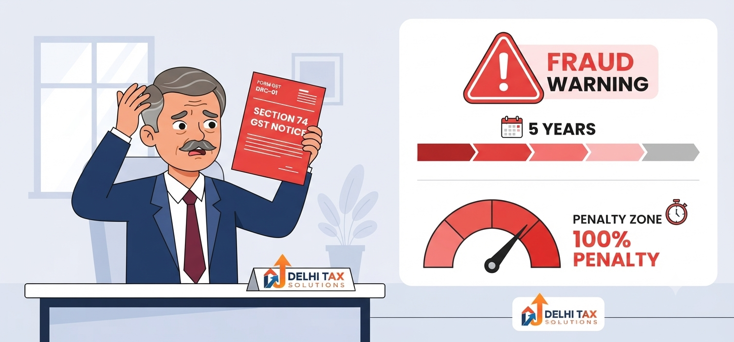 2D flat vector illustration of a taxpayer holding a Section 74 GST notice next to an infographic showing fraud warnings and 100 percent penalty limits.