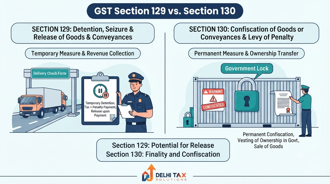 A 2D vector infographic comparing GST Section 129 temporary vehicle detention and Section 130 permanent goods confiscation during highway transit inspections.