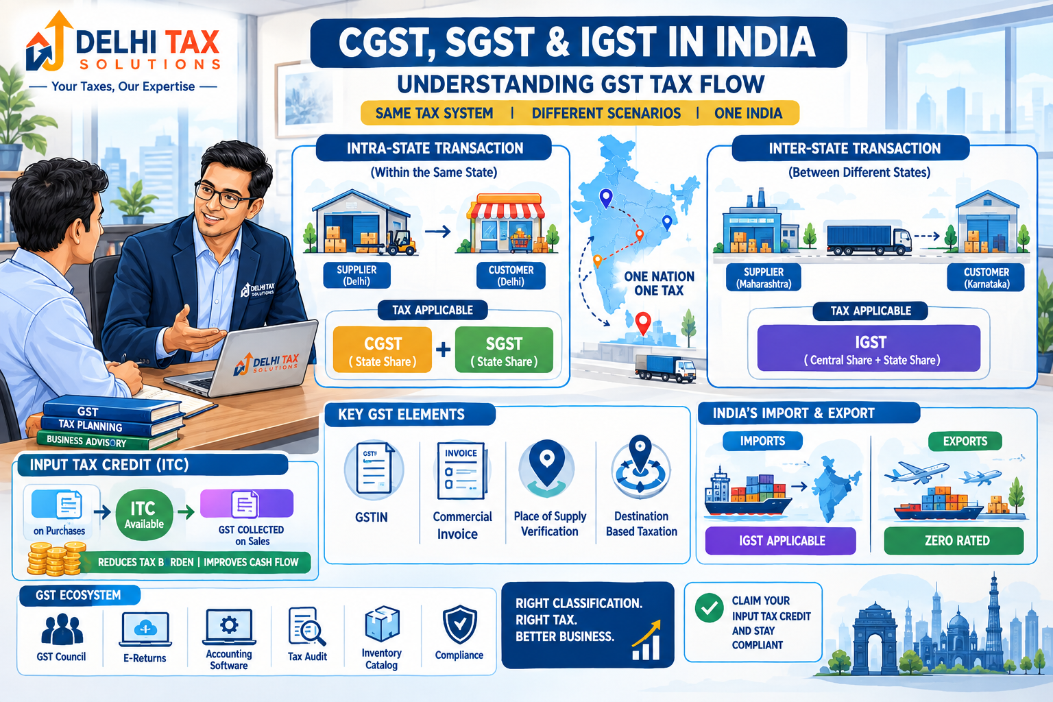 Indian Chartered Accountant explaining CGST, SGST, and IGST for intra-state and inter-state transactions, including Input Tax Credit and GST invoice classification