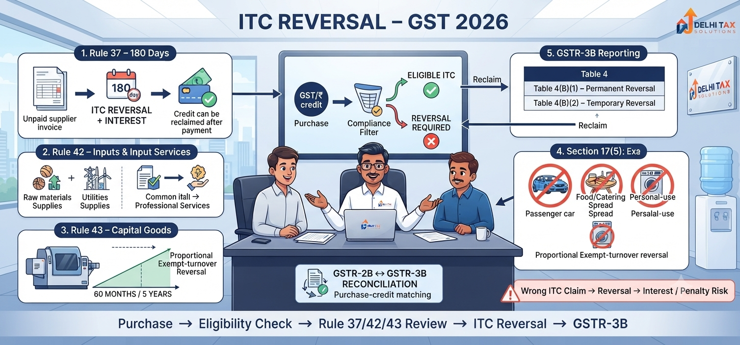 Indian Chartered Accountant explaining GST ITC reversal under Rule 37, Rule 42 and Rule 43, 180-day payment rule, Section 17(5), interest and GSTR-3B reporting
