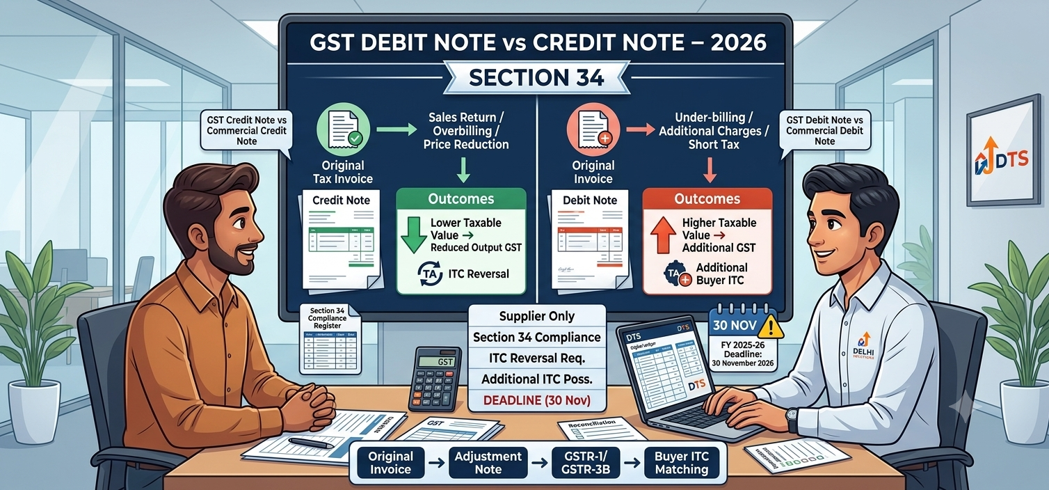 Indian Chartered Accountant explaining GST debit note vs credit note under Section 34, November 30 deadline, ITC reversal and tax adjustments
