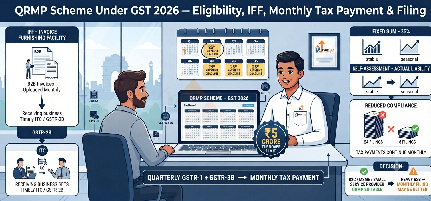 Indian Chartered Accountant explaining the GST QRMP scheme 2026, â‚¹5 crore turnover limit, quarterly GSTR-1 and GSTR-3B filing, monthly PMT-06 tax payment, IFF and 35% fixed sum method