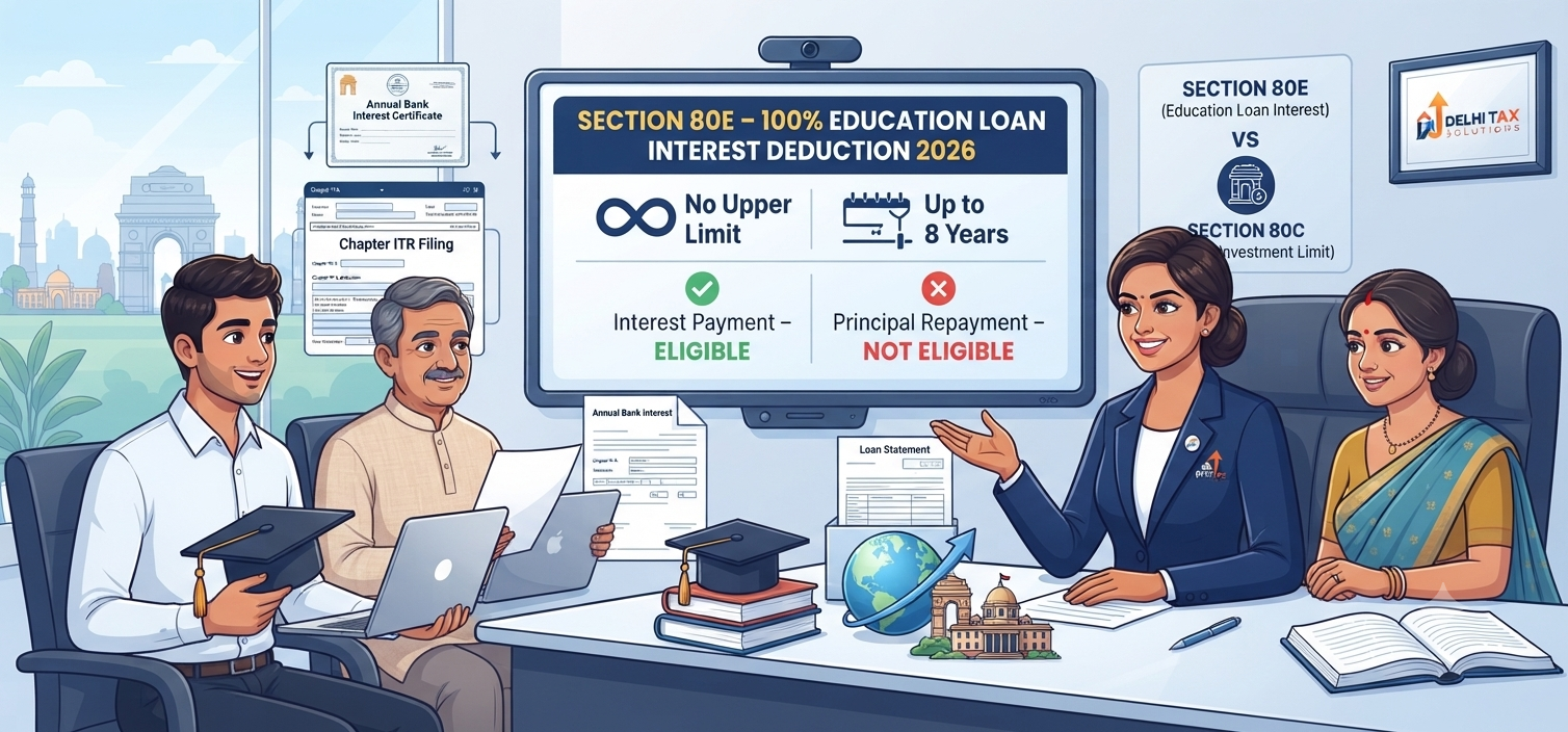 Illustration explaining Section 80E education loan interest deduction, including 100% interest deduction, 8-year limit, eligible borrowers, and principal repayment exclusion.
