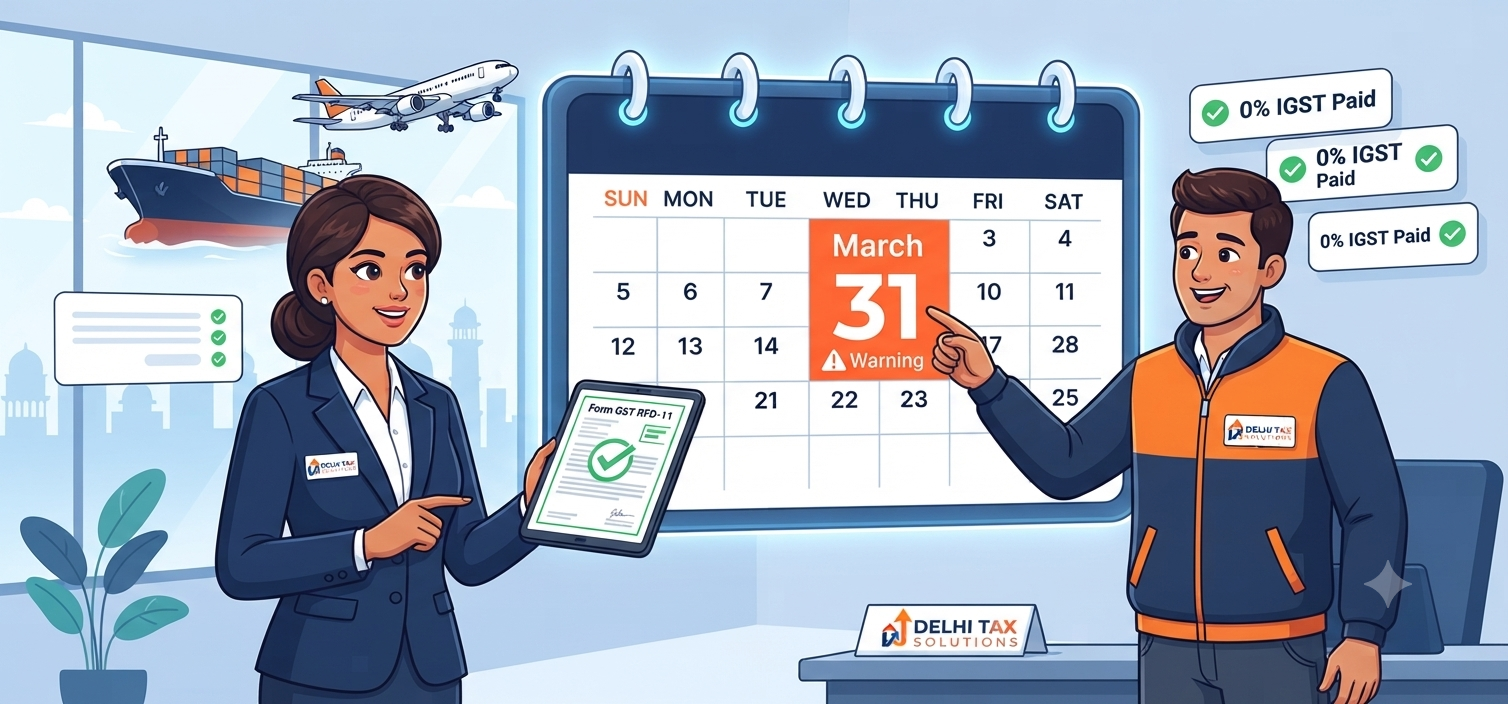 Corporate cartoon illustration of tax consultant filing RFD-11 for LUT in GST before the March 31 renewal deadline.