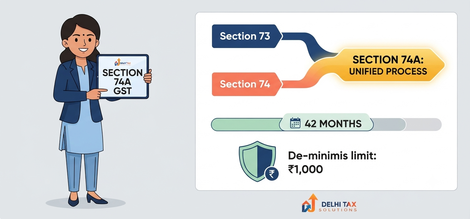 2D flat vector illustration of a tax professional and an infographic demonstrating the merging of GST sections into the new Section 74A.