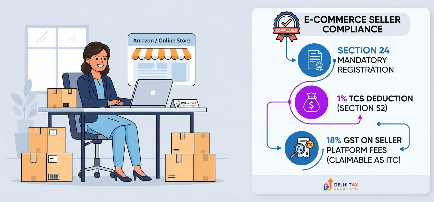 2D flat vector illustration detailing GST compliance for Amazon and e-commerce sellers, including TCS under Section 52 and Section 24 mandates.