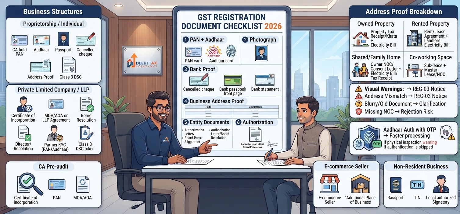 Indian Chartered Accountant explaining documents required for GST registration, including PAN, Aadhaar, photographs, bank proof, address proof, NOC, company documents and DSC