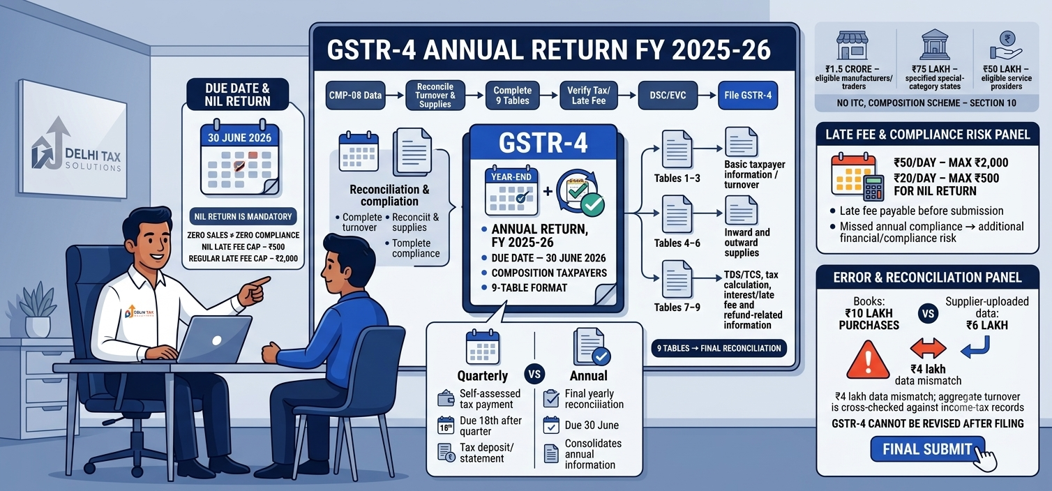 Indian Chartered Accountant explaining GSTR-4 annual return for FY 2025-26, June 30 due date, nil return, 9 tables, late fees and CMP-08 reconciliation