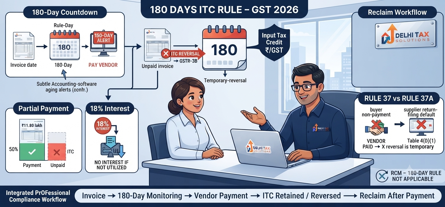 Indian Chartered Accountant explaining the 180-day ITC rule under GST, Rule 37 reversal, partial vendor payment, 18% interest, GSTR-3B reporting and ITC reclaim