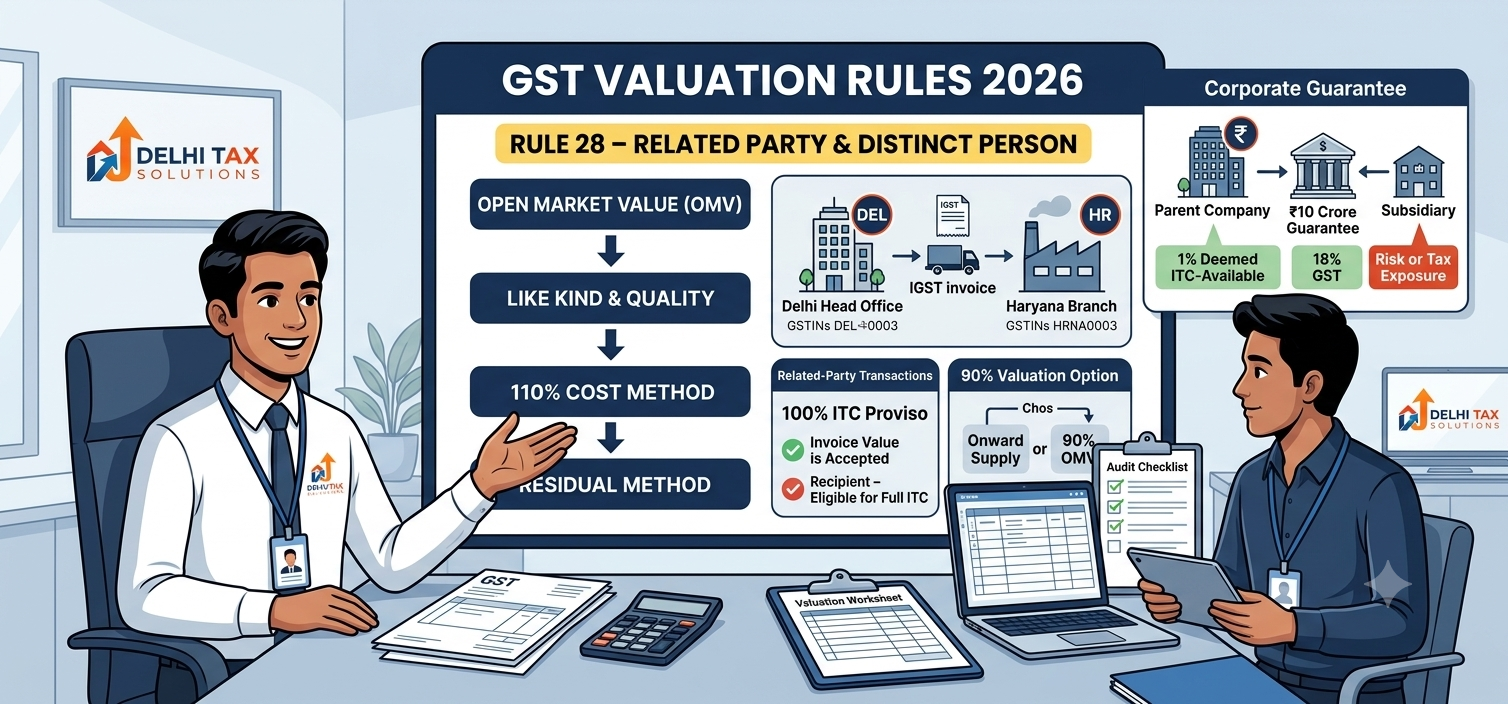Indian Chartered Accountant explaining GST valuation rules under Rule 28, open market value, related party transactions, 110% cost method and corporate guarantees