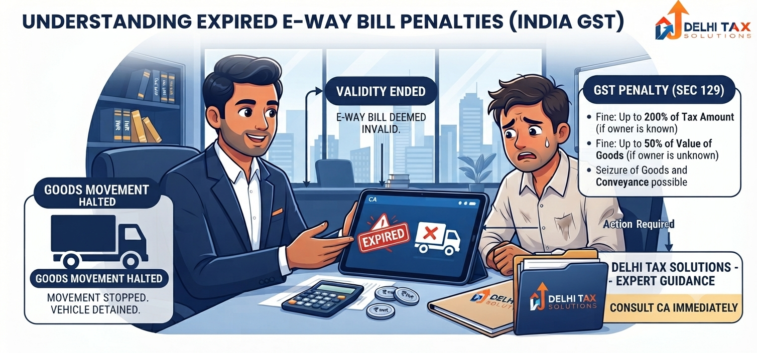 Illustration of a tax consultant helping unblock E-Way Bill generation on the GST portal.