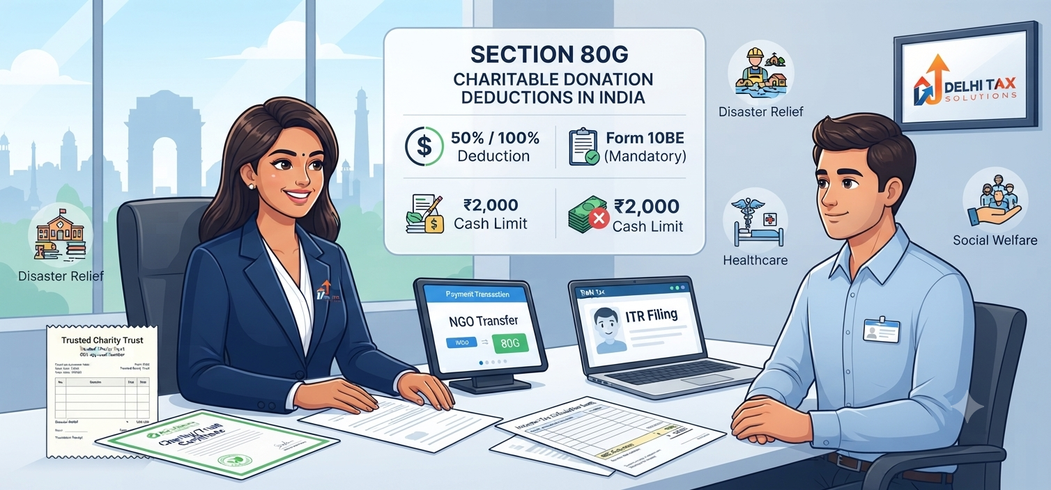 Indian taxpayer discussing Section 80G charitable donation tax deductions, Form 10BE, 50% or 100% deduction limits, and ₹2,000 cash donation rule with a Chartered Accountant.