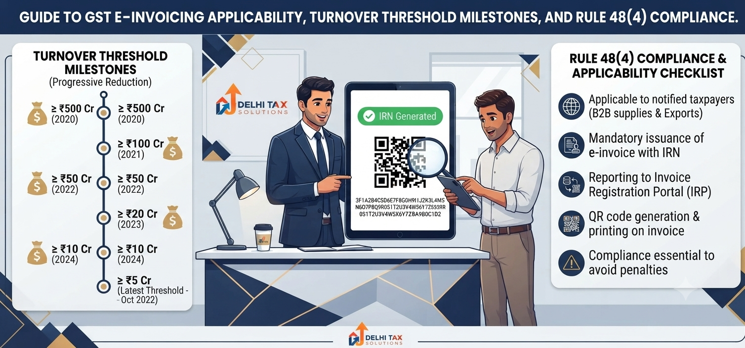 Vector graphic showing GST e-invoicing threshold limit journey and digital QR code validation.