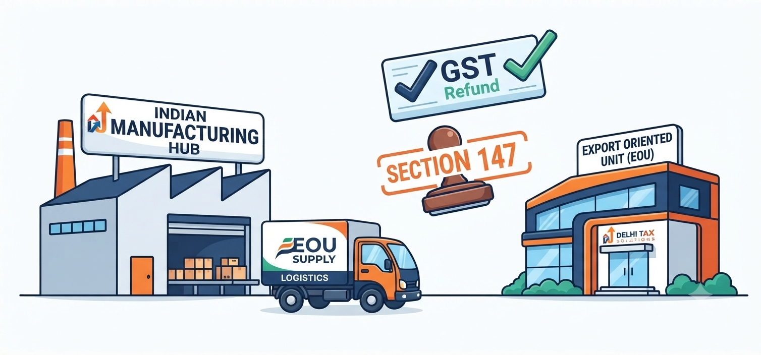 Vector illustration explaining deemed exports and GST refunds under section 147.